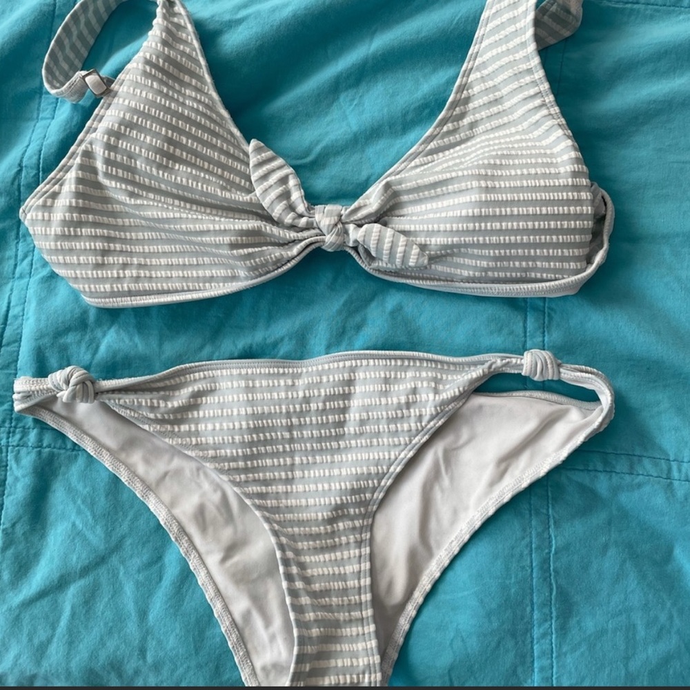 Baby blue stripe bikini set with bow